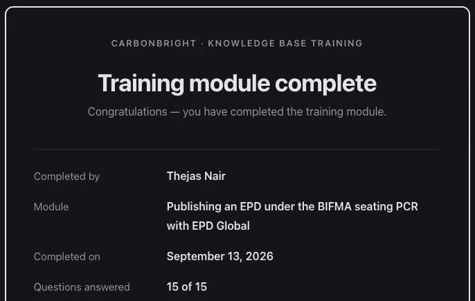 Training module tailored to a product category and its PCR